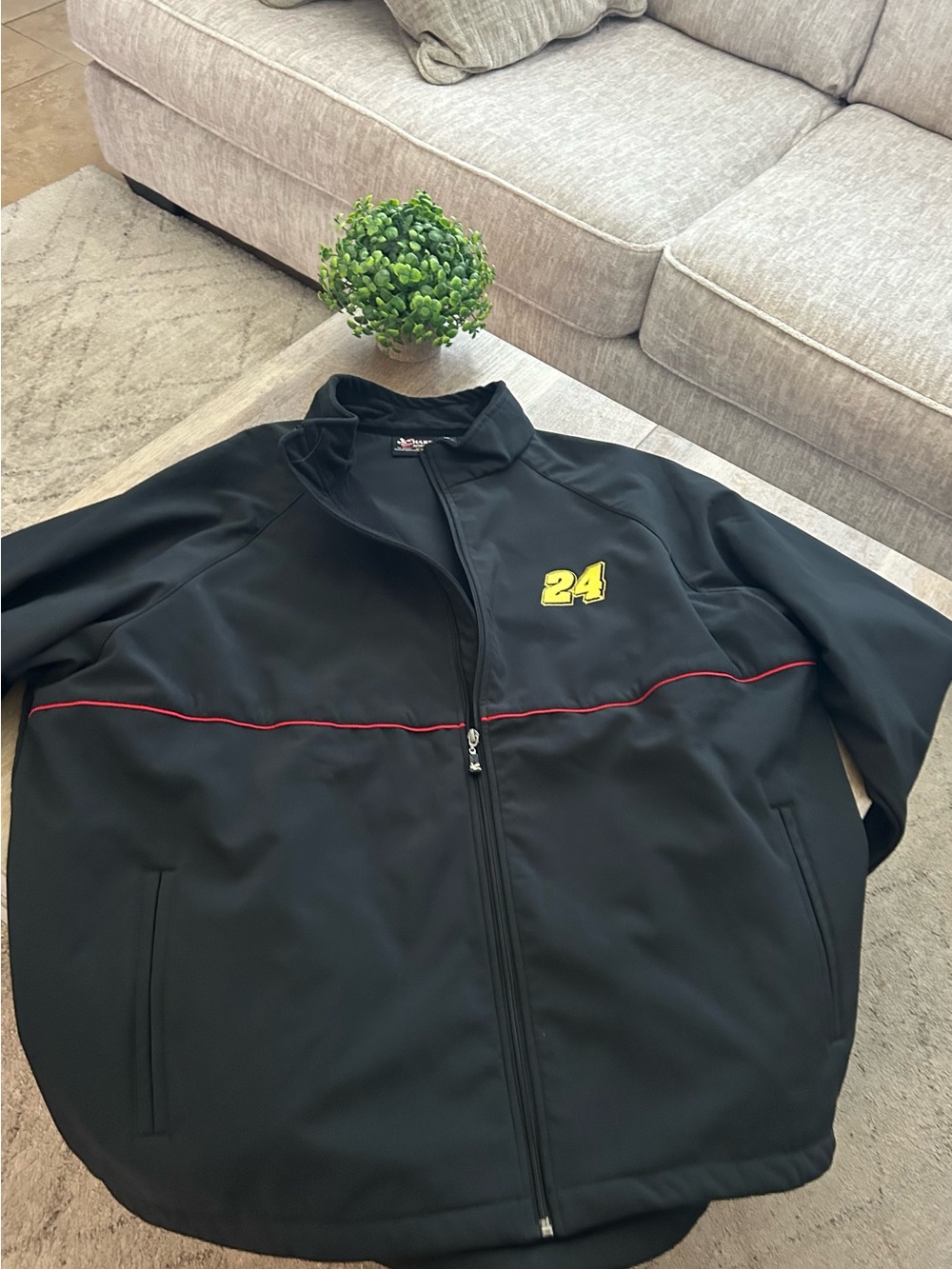 Black Men's Full-Zip Jeff Gordon Jacket with Red Piping and Yellow '24' Accent